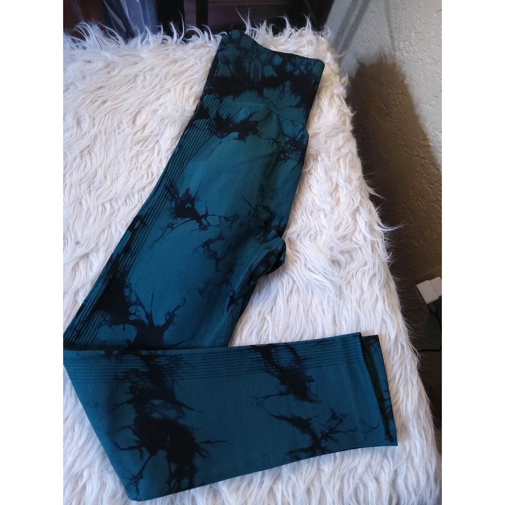 Seamless High Waisted Tie Dye Leggings Teal Black Scrunch Butt Yoga Pants Small